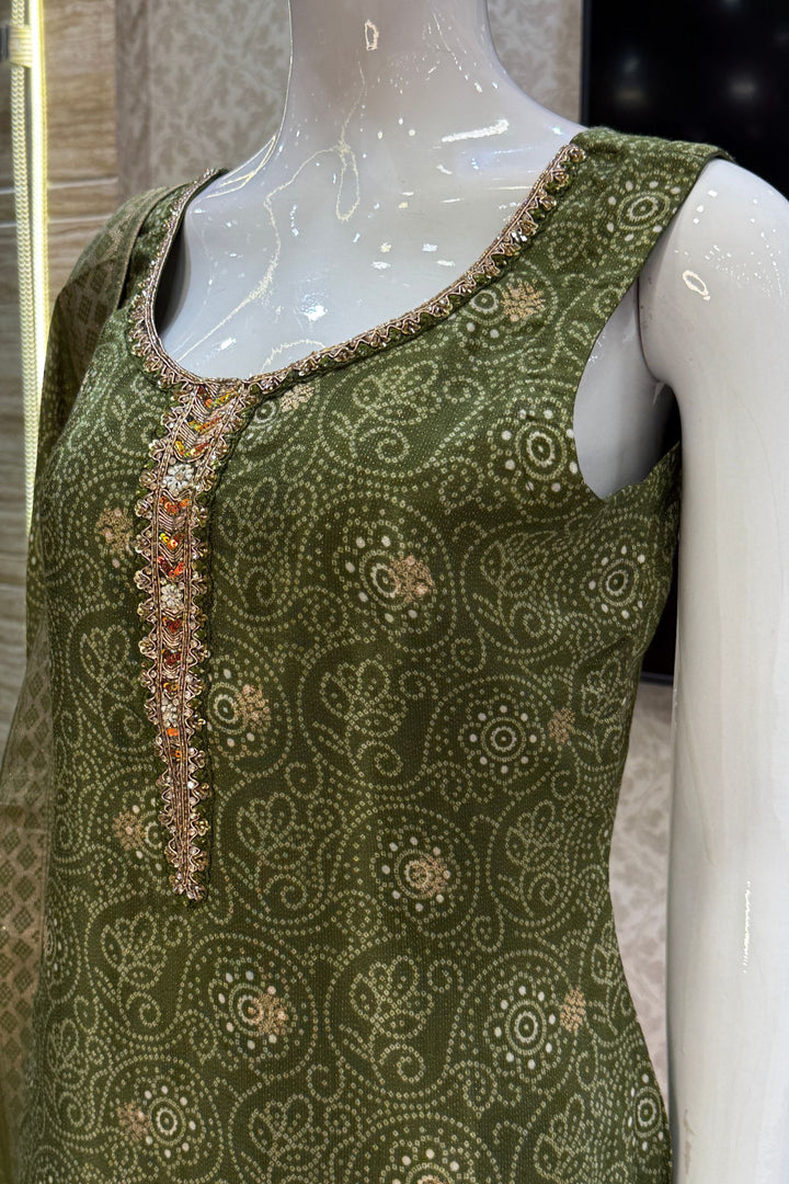 Mehendi Green Zari Weaving and Banaras work with Bandini Print Straight Cut Salwar Suit
