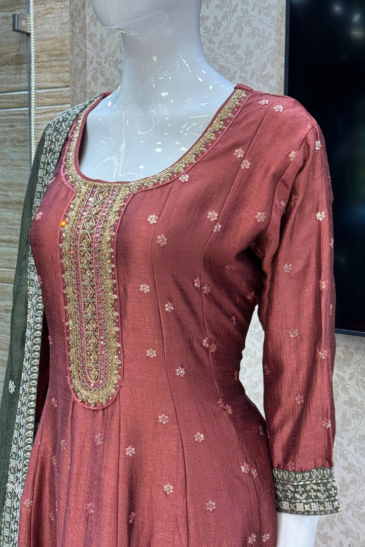 Woodrose Pink Beads, Zardozi, Thread, Sequins, Stone and Zari work A-line Cut Salwar Suit