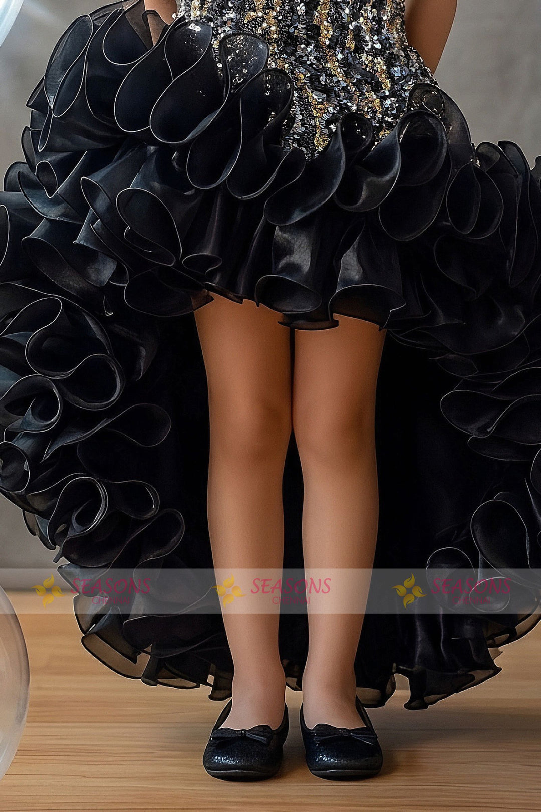 Black Sequins work Halter Ruffle Partywear Frock for Girls
