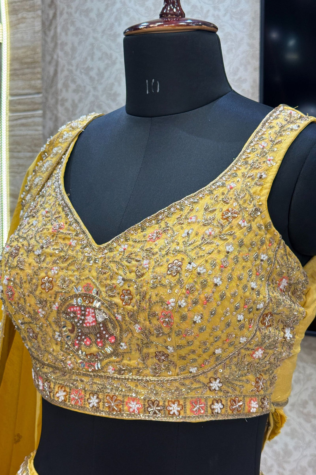 Yellow Zardozi, Beads, Thread, Sequins and Zari work Crop Top Lehenga