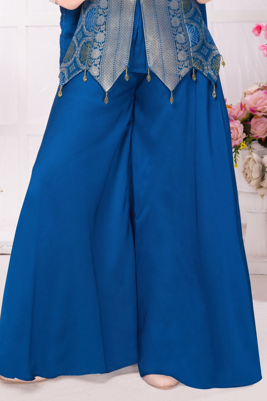 Peacock Blue Zari and Stone work Palazzo Suit Set for Girls