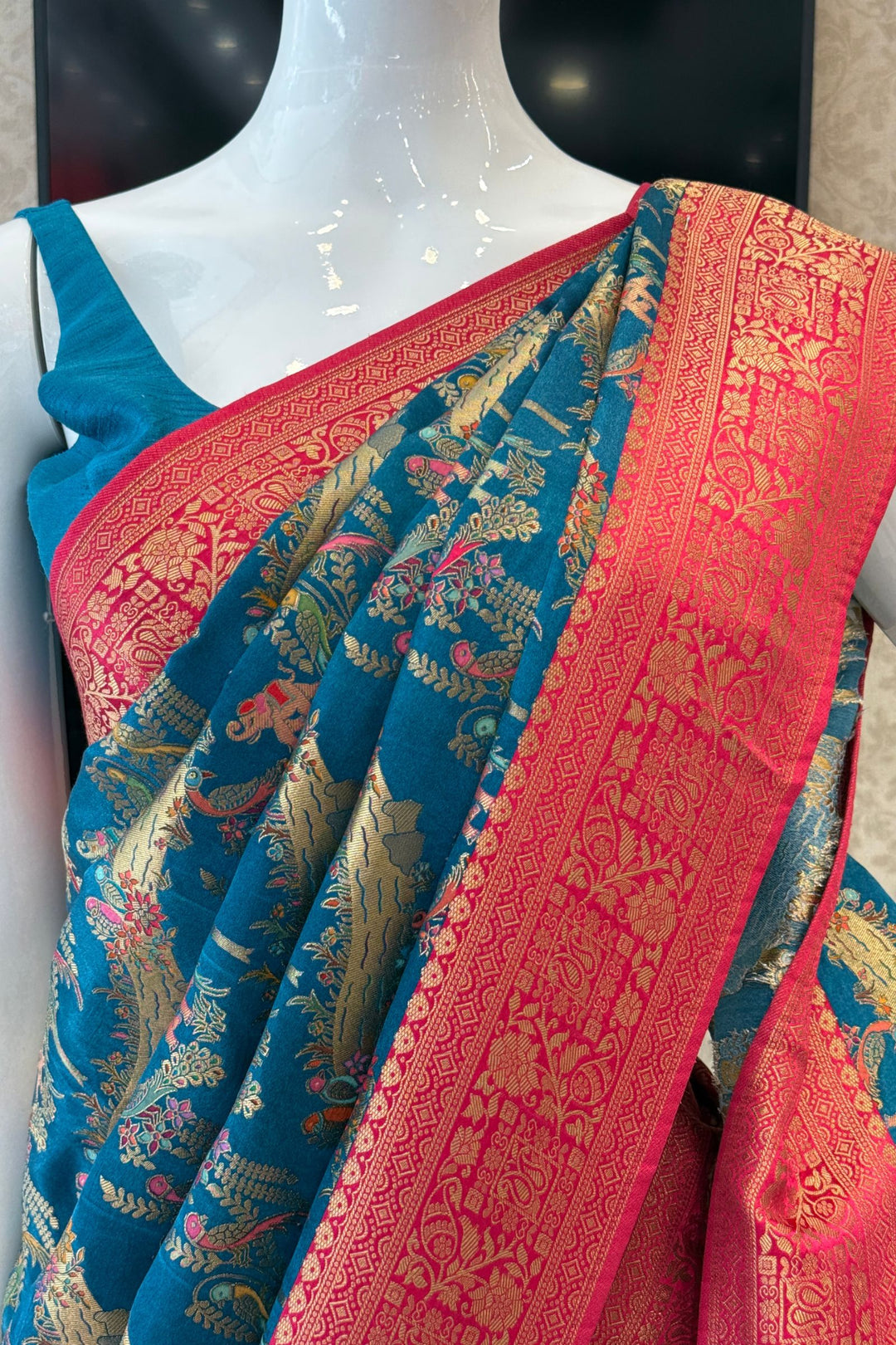 Rama Blue Saree Featuring Heritage Wildlife and Floral Banaras