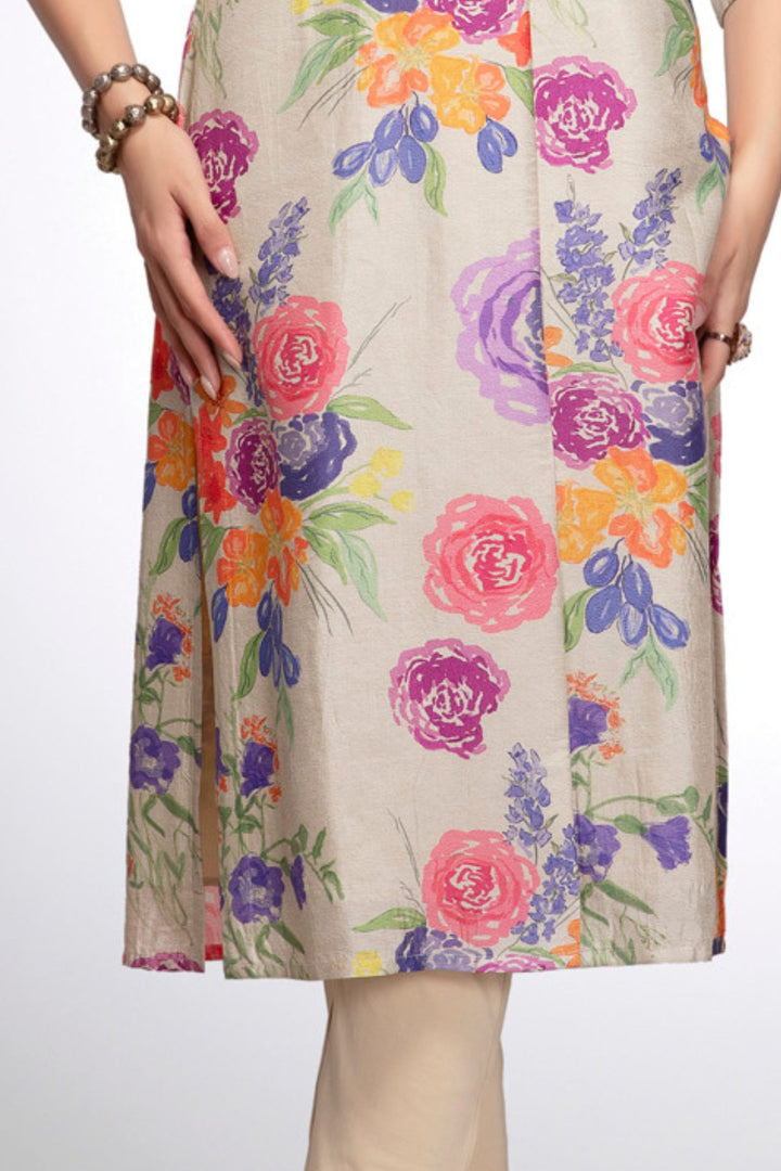 Beige Stone work with Multicolor Digital Print A-line Cut Calf Length Kurti