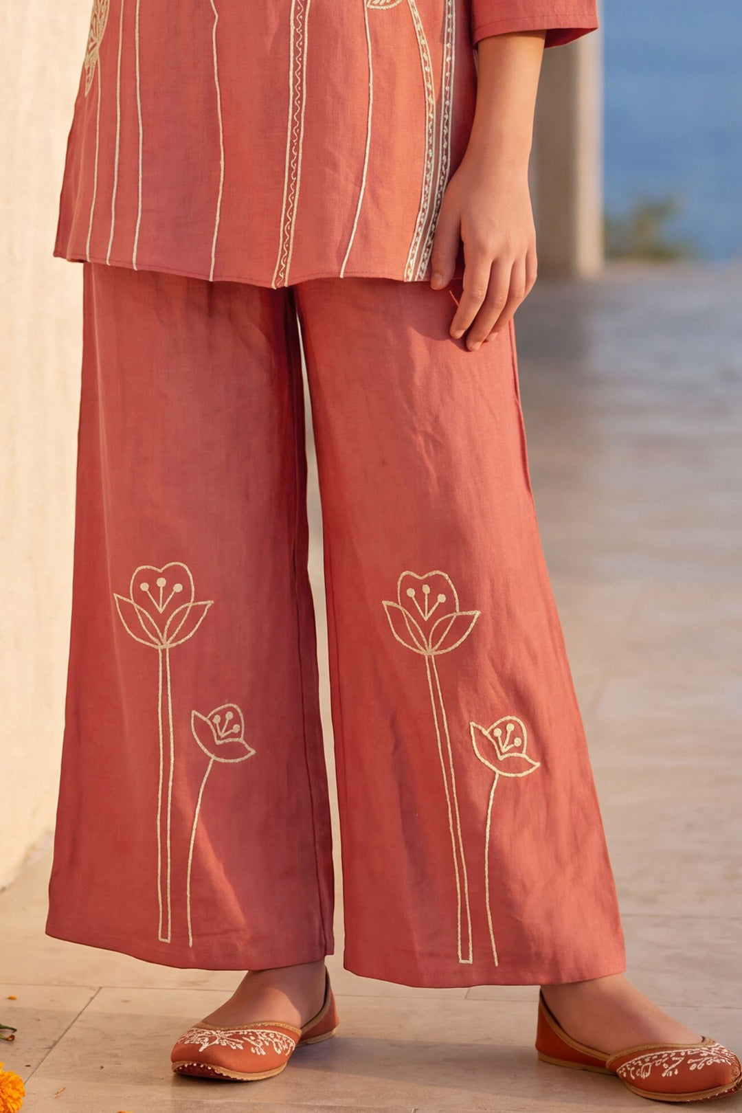 Peach Pearl, Beads and Thread work Co-ord Set for Girls