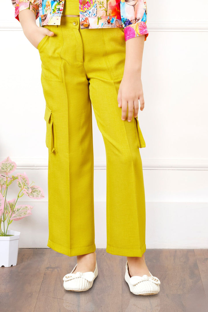 Neon Yellow with Multicolor Digital Print Jacket Styled Co-ord Set for Girls