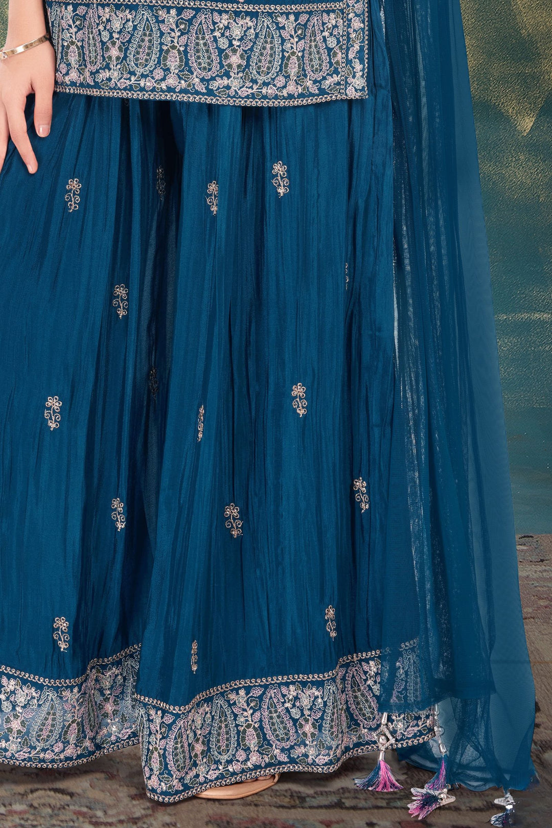 Peacock Blue Zari, Sequins, Beads, Embroidery and Mirror work Palazzo Suit Set for Girls