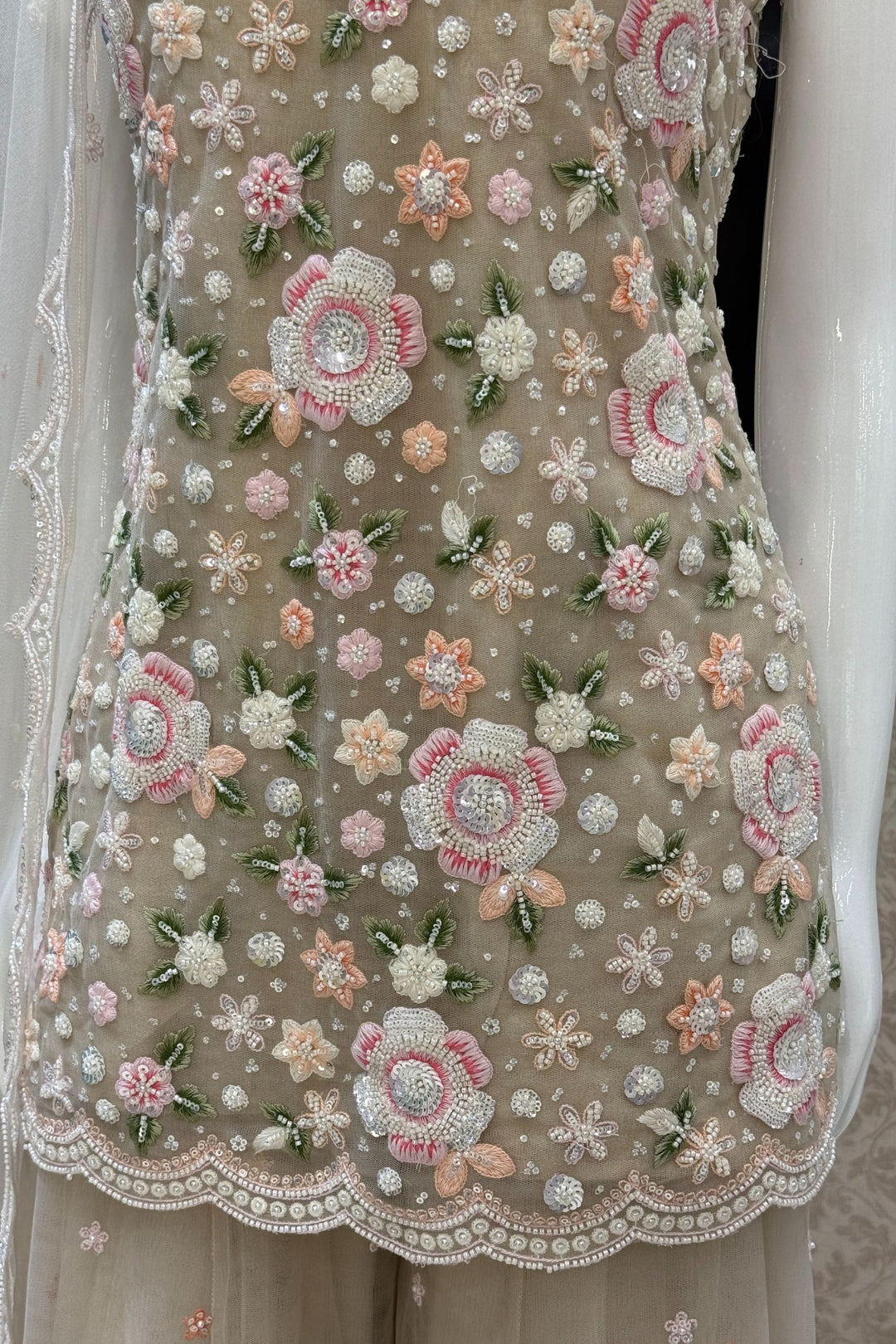 Beige Beads, Sequins and Multicolor Embroidery work Palazzo Salwar Suit