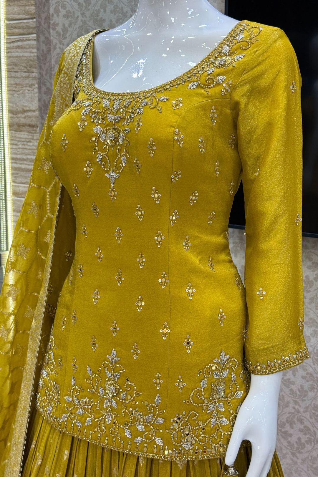 Yellow Mirror, Stone, Sequins, Zari, Beads and Banaras work Top with Lehenga