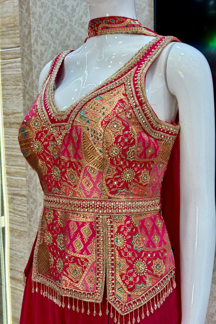 Rani Pink Brocade, Beads, Zardozi, Stone, Zari and Sequins work Palazzo Set