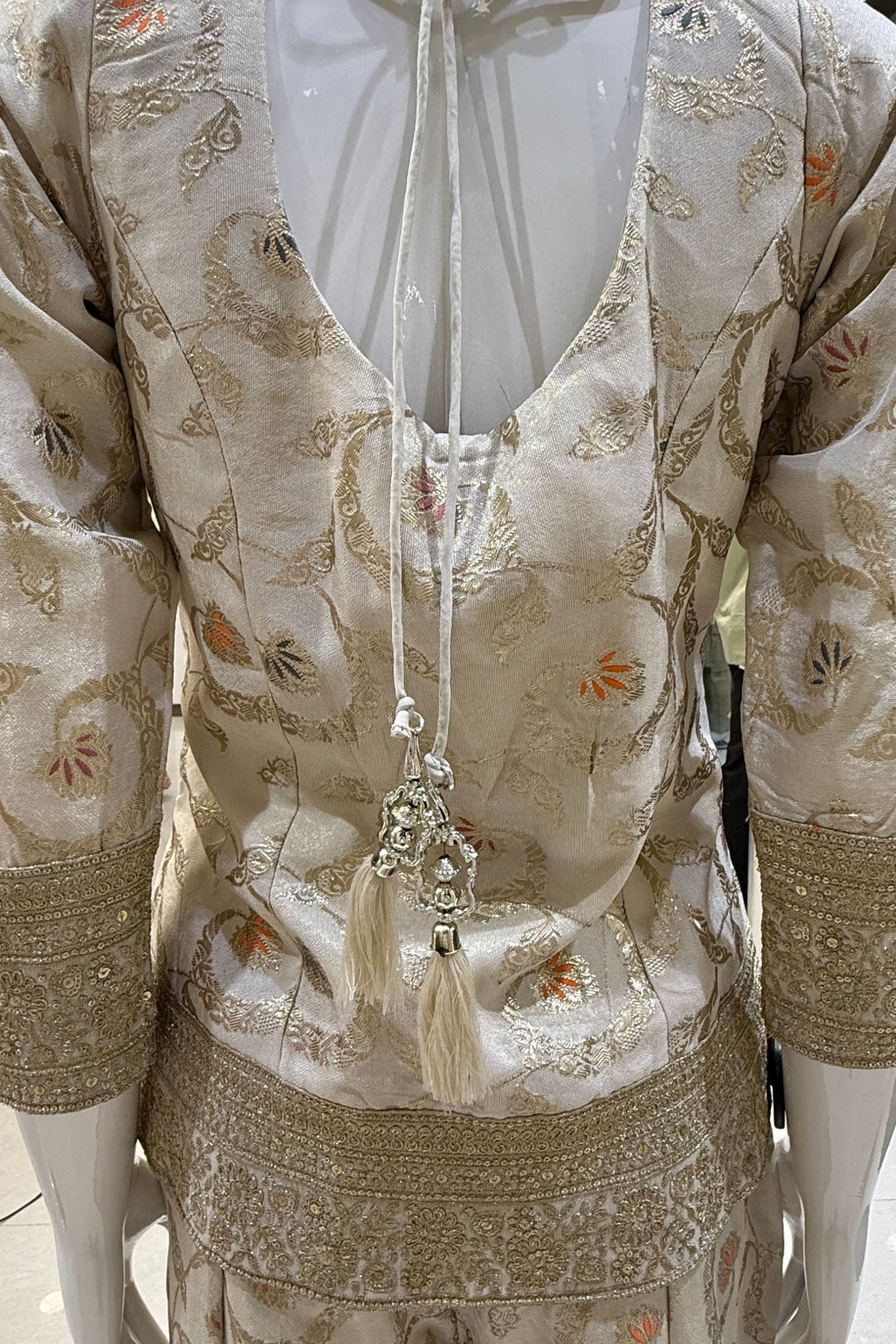 Cream Palazzo Set with Beads, Sequins and Zari work with Choker Dupatta