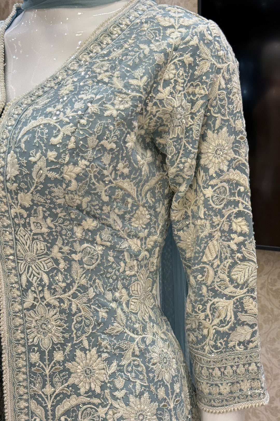 Firozi Blue Chikankari, Sequins and Zari work Palazzo Suit Set