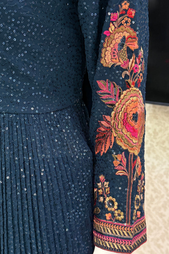 Peacock Blue Sequins and Multicolor Embroidery work Palazzo Salwar Suit