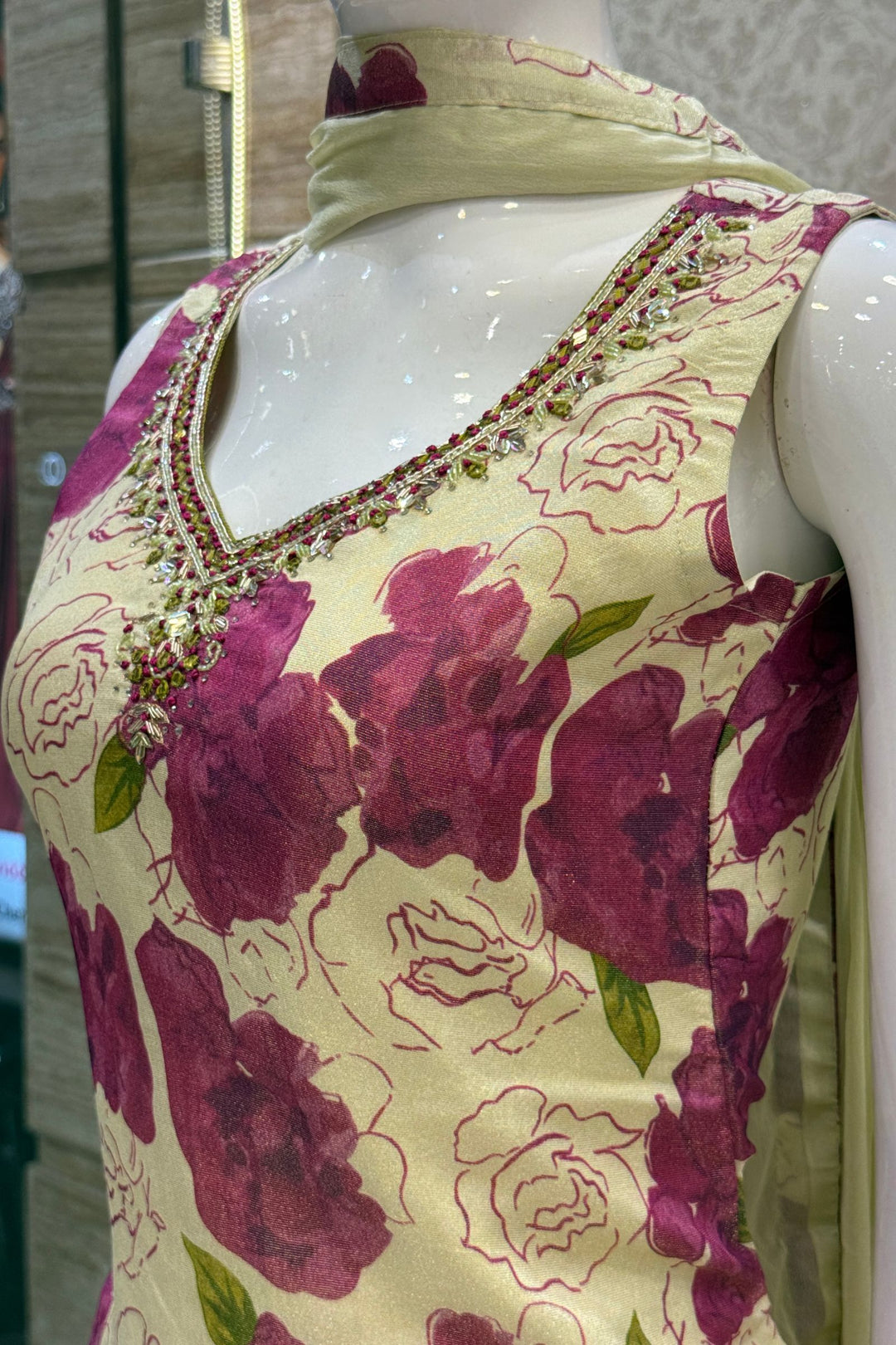 Beige with Purple Floral Print with Zardozi and Mirror work Straight Cut Salwar Suit