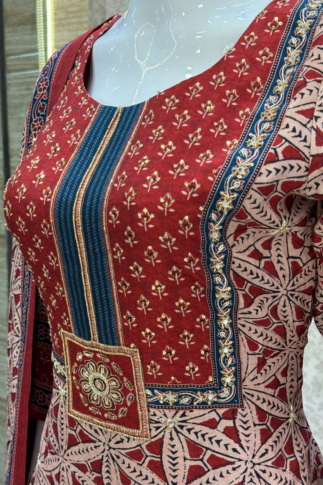 Maroon with Beige Sequins and Beads work with Ajrakh Print Straight Cut Salwar Suit