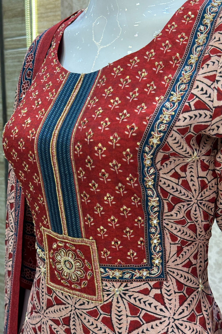 Maroon with Beige Sequins and Beads work with Ajrakh Print Straight Cut Salwar Suit