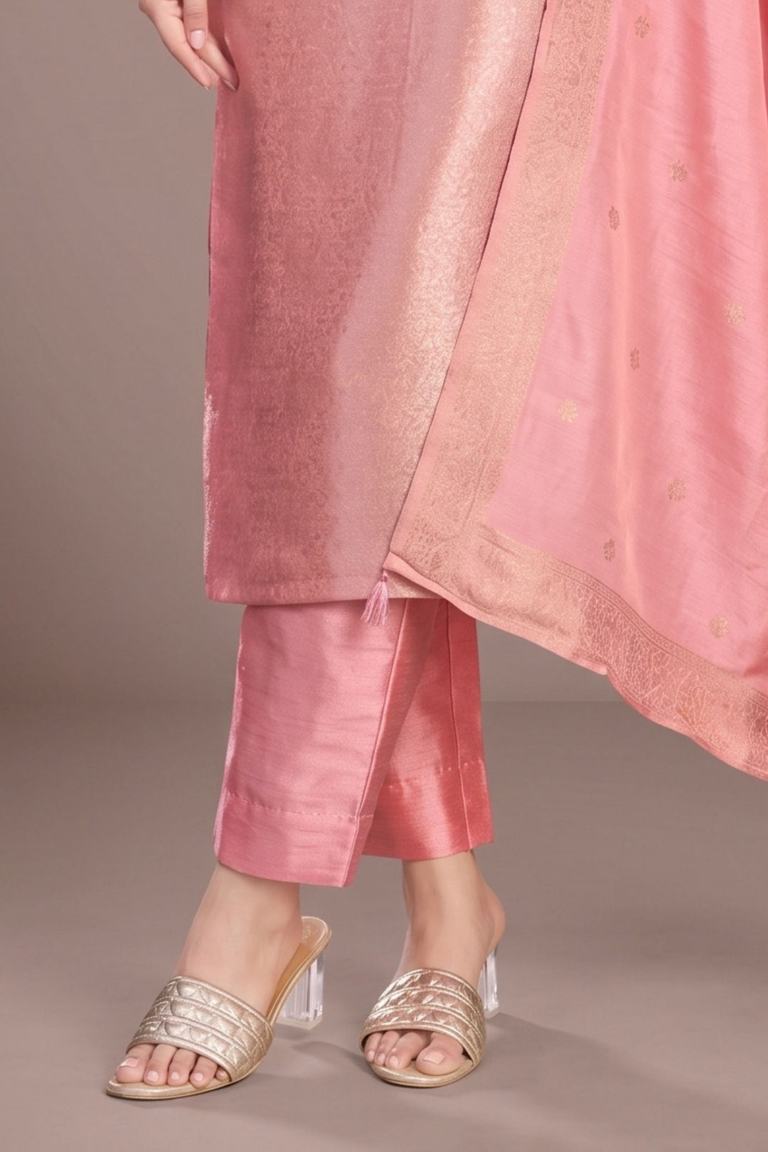 Lotus Pink Brocade, Stone, Zardozi, Mirror and Beads work Straight Cut Salwar Suit