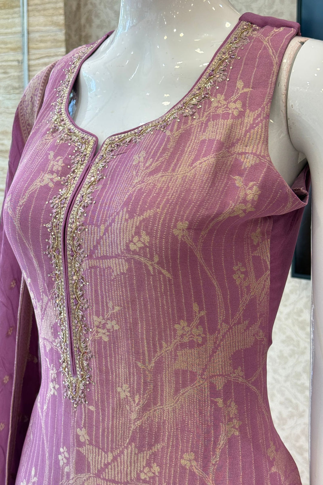 Lavender Banaras, Beads, Zardozi, Stone and Mirror work Straight Cut Salwar Suit