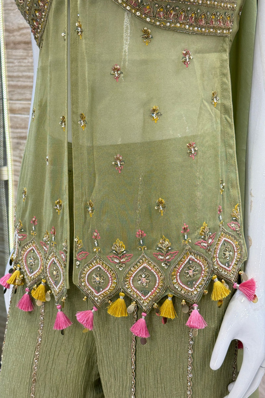 Pista Green Palazzo Salwar Suit with Beads, Sequins, Stone, Thread and Zardozi Detailing