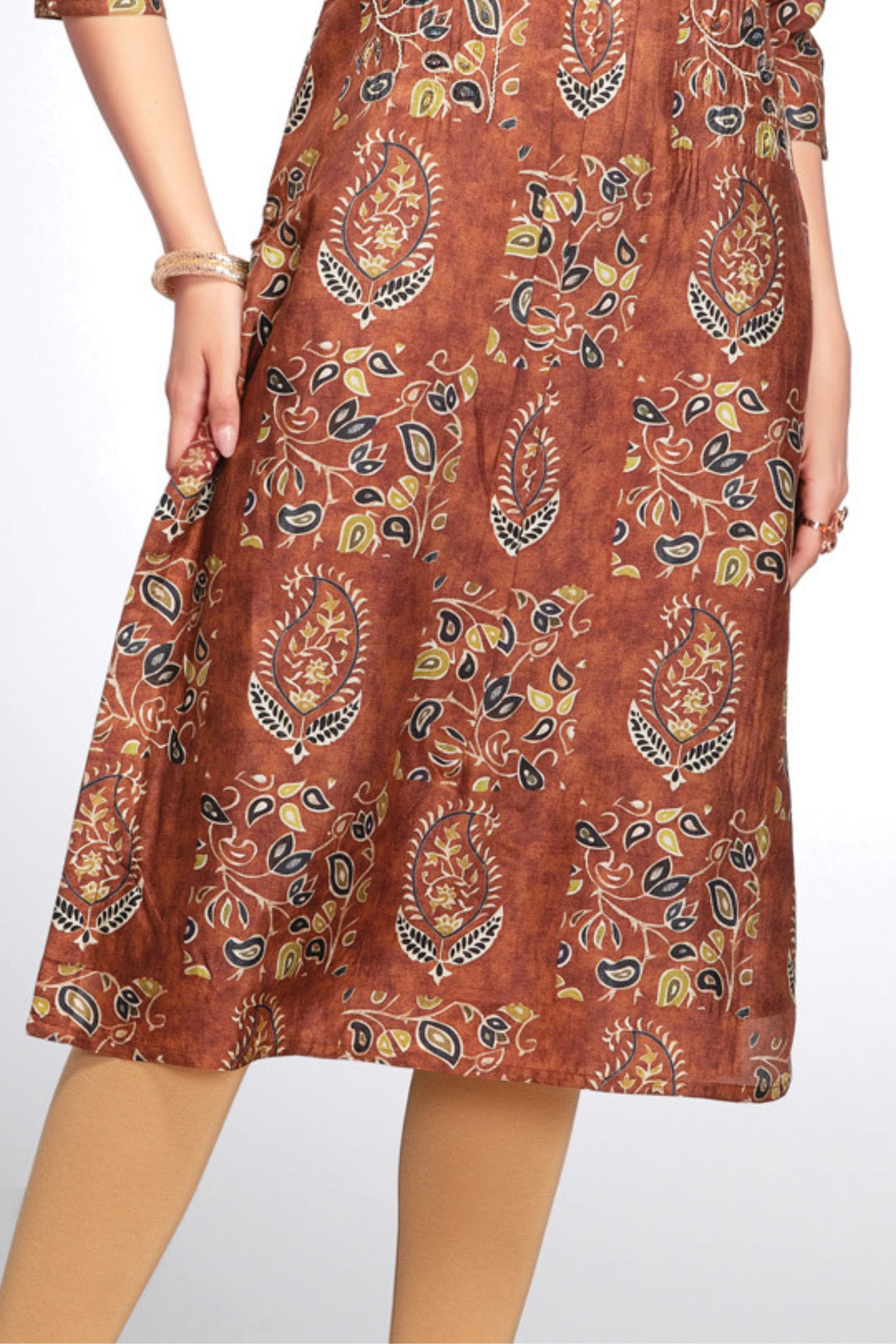 Rust Beads and Zari work with Digital Print Calf Length Kurti