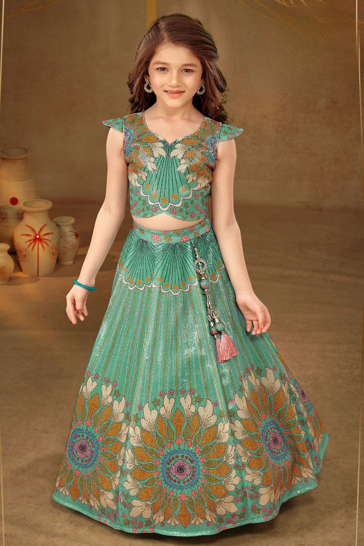 Rama Blue Digital Print, Sequins and Thread work Lehenga Choli for Girls