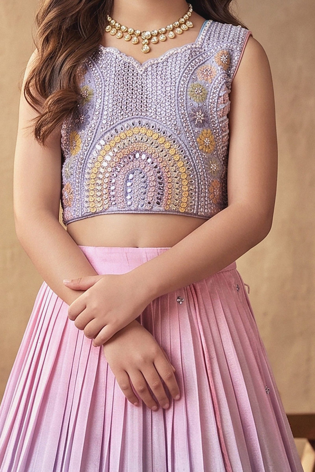 Pink with Violet Girls Lehenga Choli with Sequins, Beads and Zari work