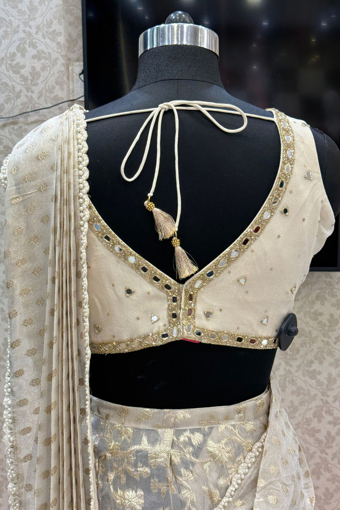 Cream Readymade Banaras work Saree with Mirror work Readymade Blouse