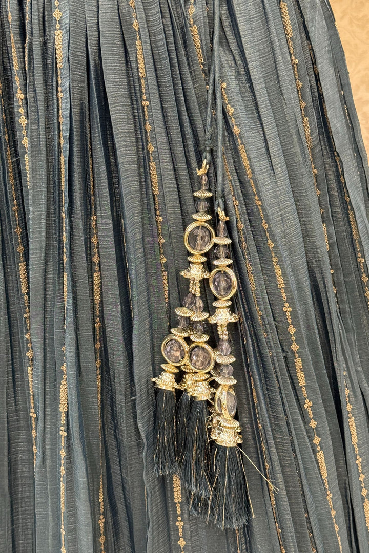 Grey Beads, Stone, Zari and Sequins work Crop Top Lehenga