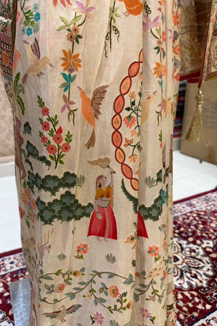 Cream Saree with Traditional Kalamkari Prints with Banaras work