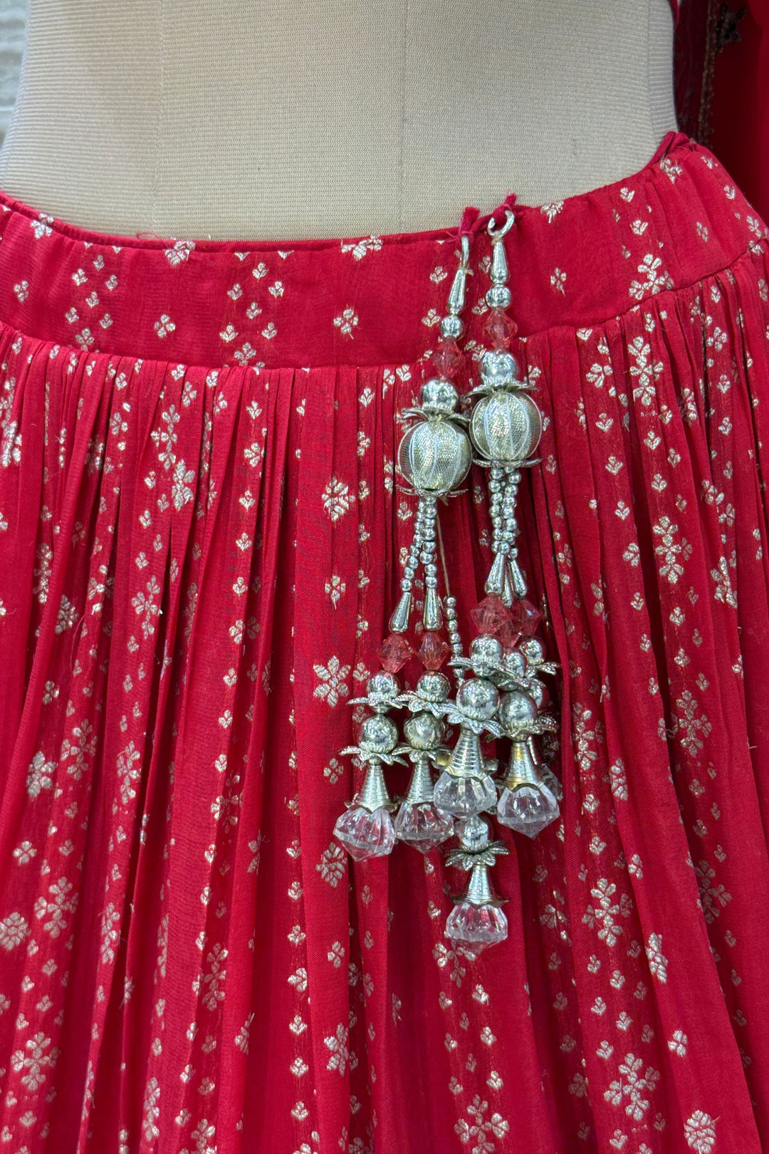 Red Brocade, Beads, Zari, Zardozi and Sequins work Crop Top Lehenga