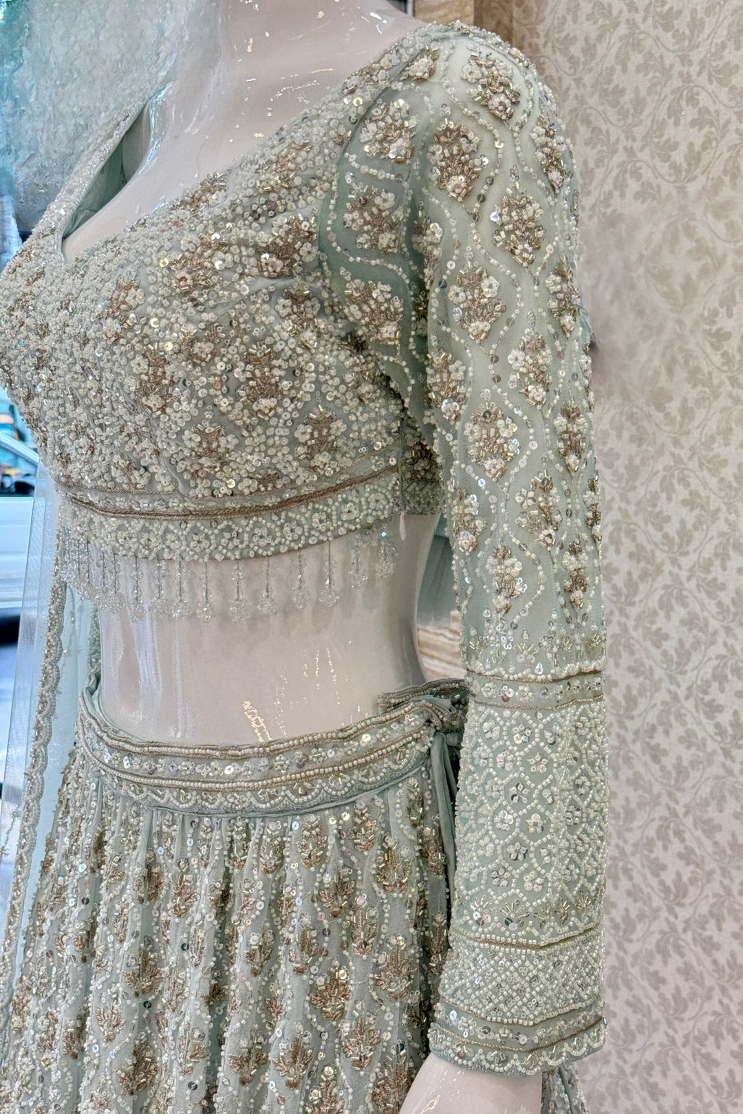 Aqua Blue Beads, Sequins and Zari work Crop Top Designer Bridal Lehenga