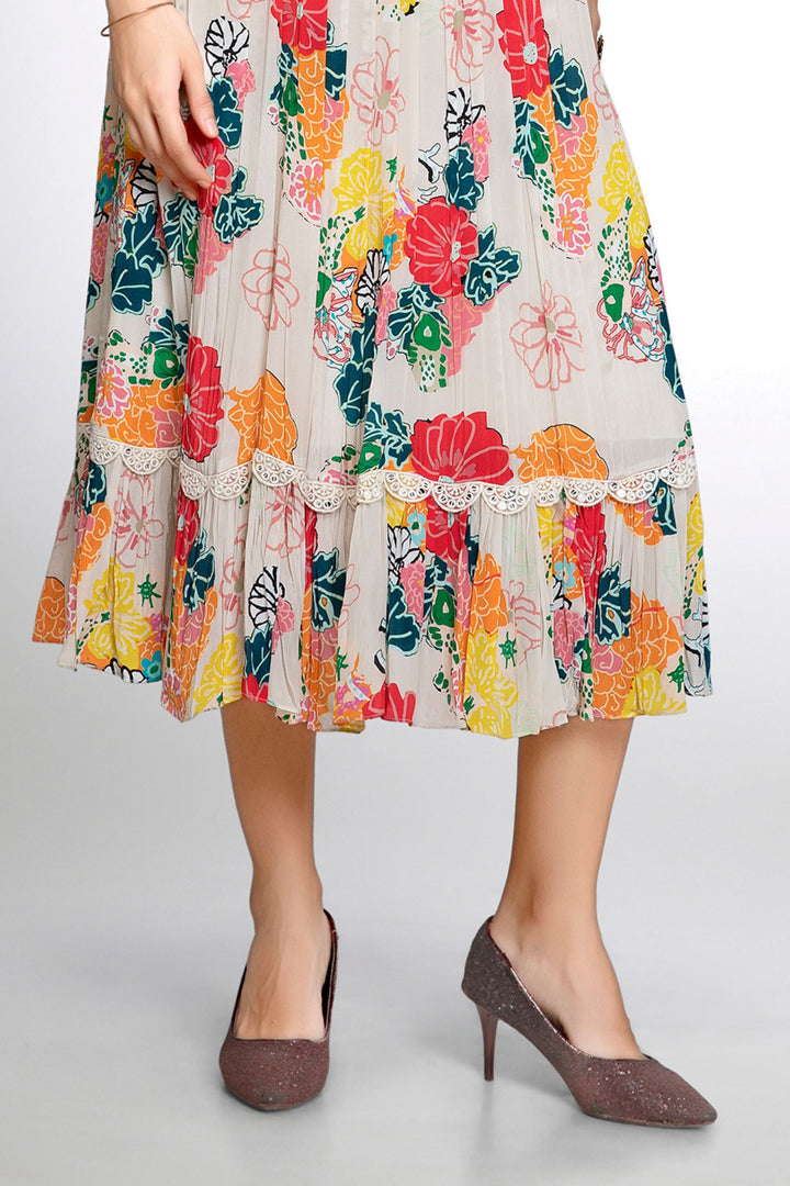 Beige Beads, Thread and Sequins work with Floral Print Anarkali Styled Long Kurti