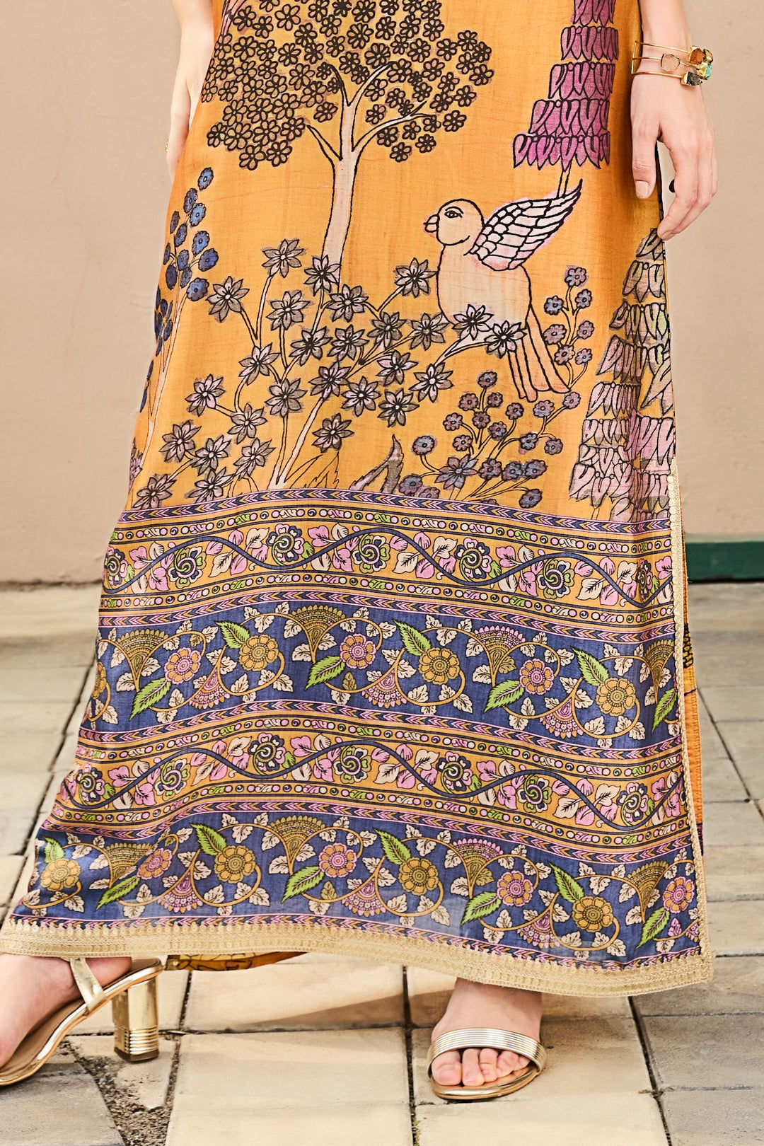 Mustard Beads, Sequins and Thread work with Multicolor Digital Print Low Slit Gown