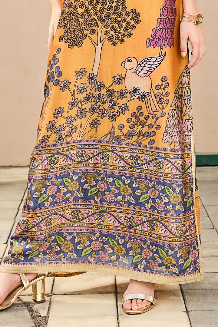 Mustard Beads, Sequins and Thread work with Multicolor Digital Print Low Slit Gown