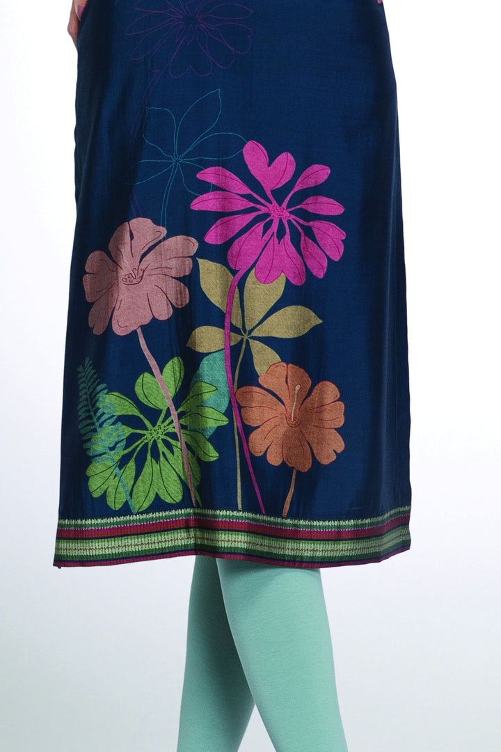 Peacock Blue Sequins and Beads work with Floral Print Calf Length Kurti