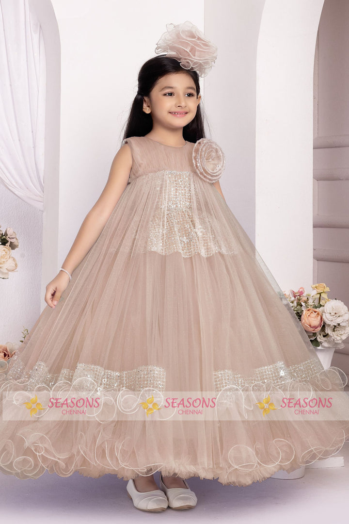 Beige Glitter work Long Party Frock for Girls