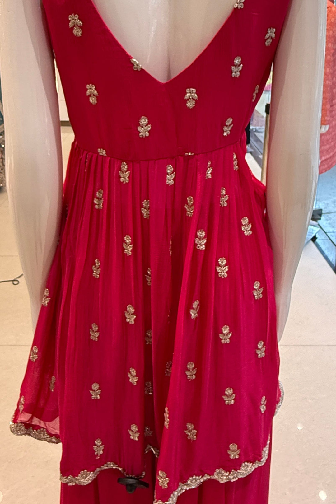 Rani Pink Flowy Palazzo with Zari, Sequins and Beads work with Choker Dupatta