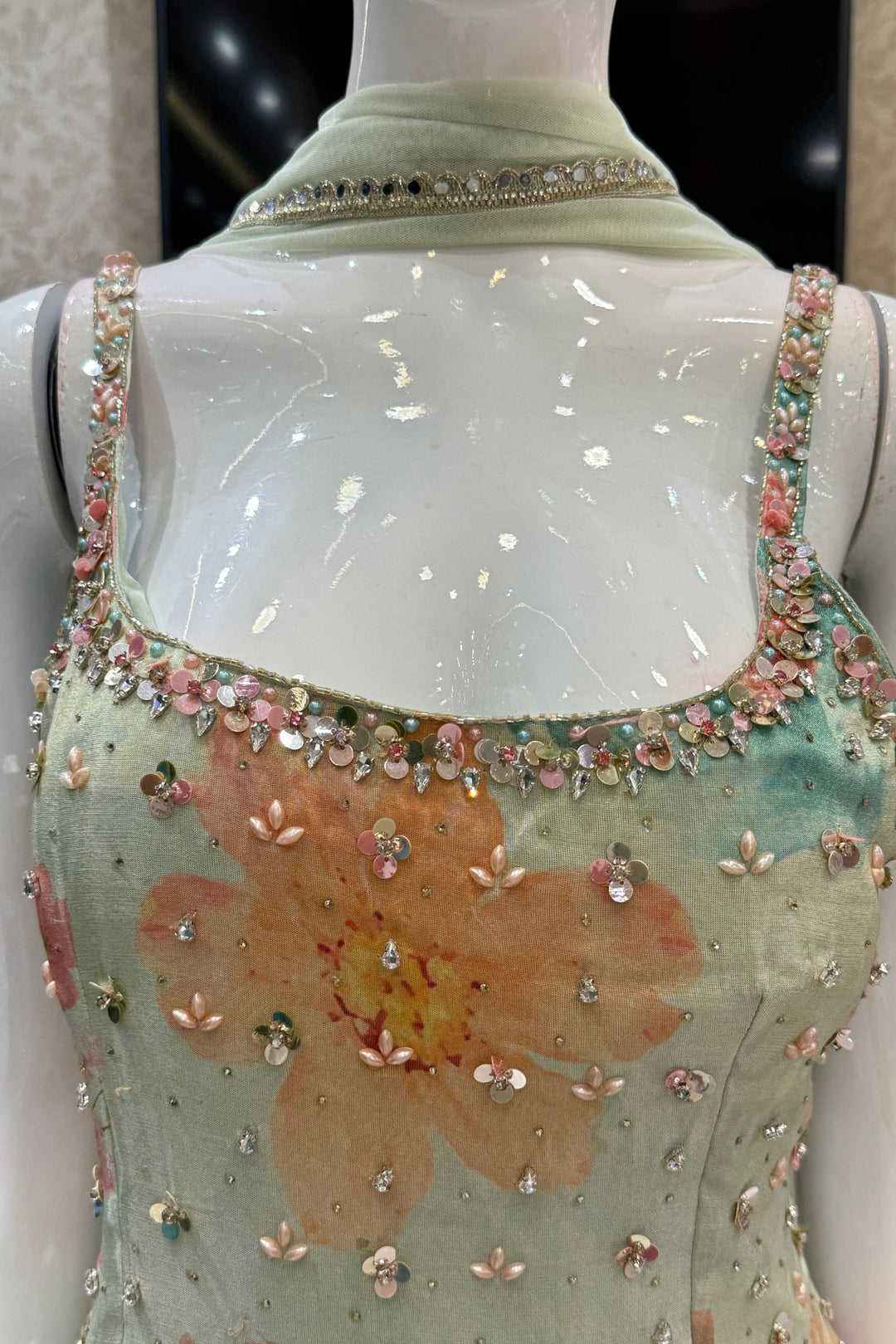 Sea Green Stone, Beads and Kundan work with Floral Print Palazzo Salwar Suit