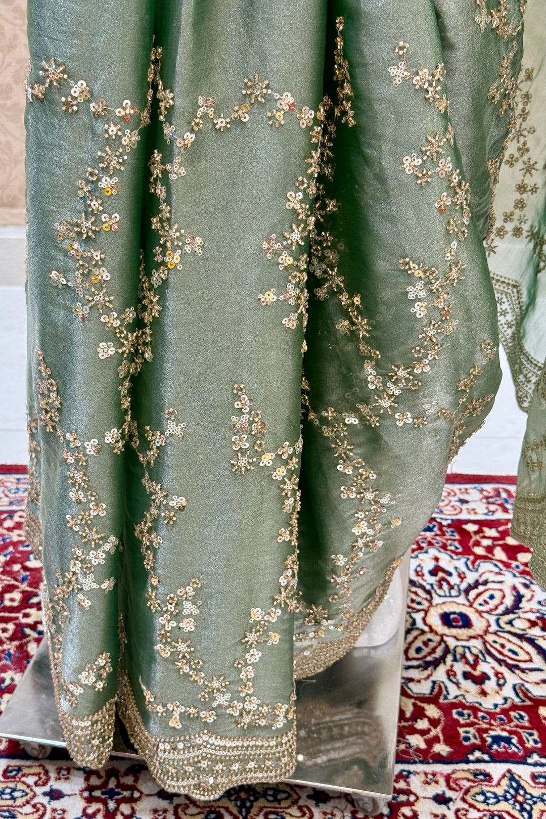 Mint Green Saree with Intricate Zari, Sequin and Beads work
