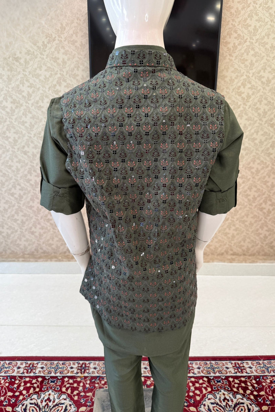 Green Multicolor Thread and Sequins work Waist Coat Kurta Set for Boys