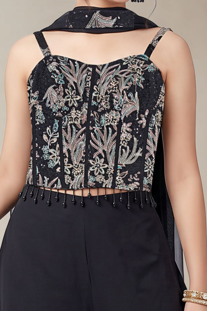 Black Floral Embroidered, Beads, Stone, Zari and Sequins work Palazzo Set