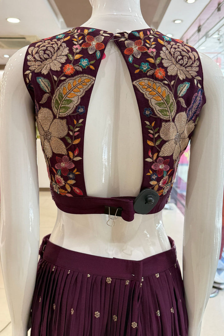 Wine Floral Embroidered Palazzo Set