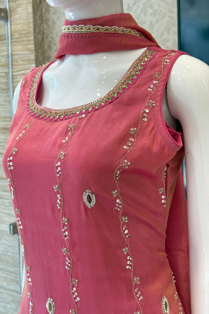 Onion Pink Zari, Stone, Sequins and Thread work Straight Cut Salwar Suit