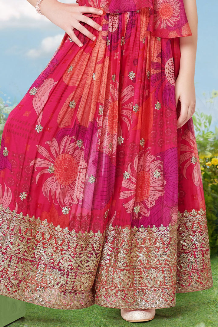 Rani Pink Sequins, Zari, Mirror and Beads work Poncho Styled Palazzo Set For Girls