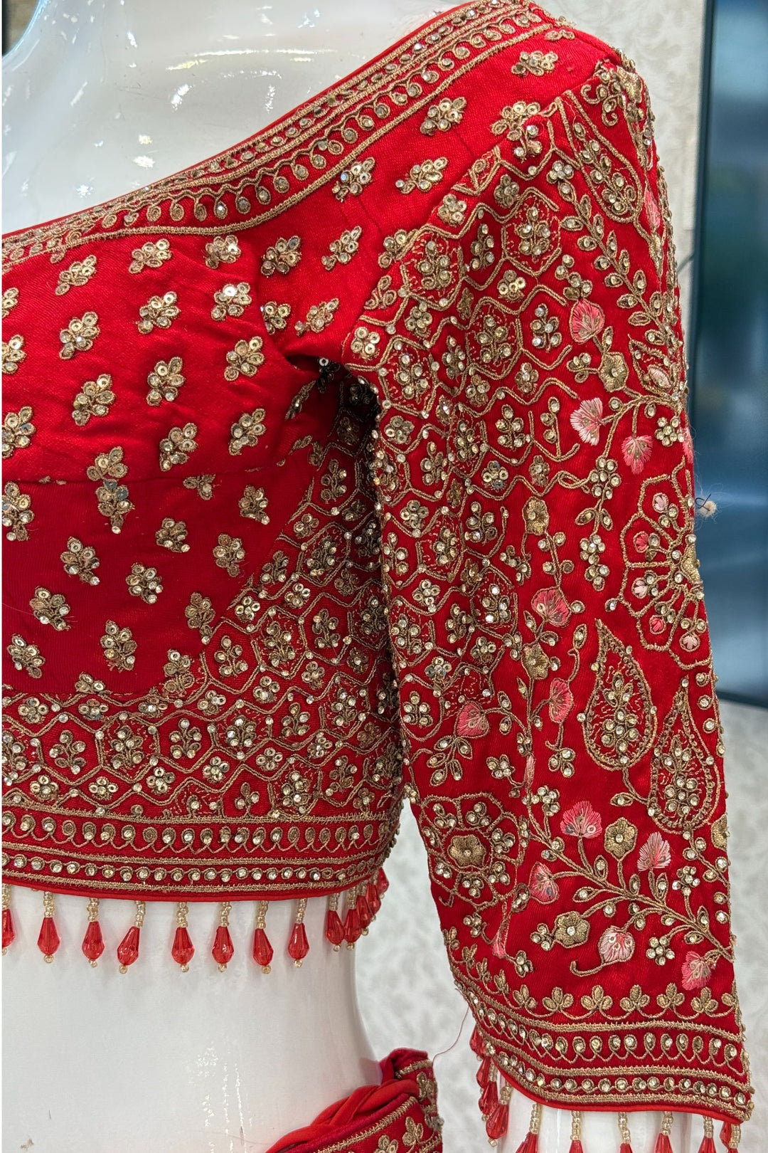 Red Zari, Stone and Embroidery work Crop Top Designer Bridal Multicolor Lehenga