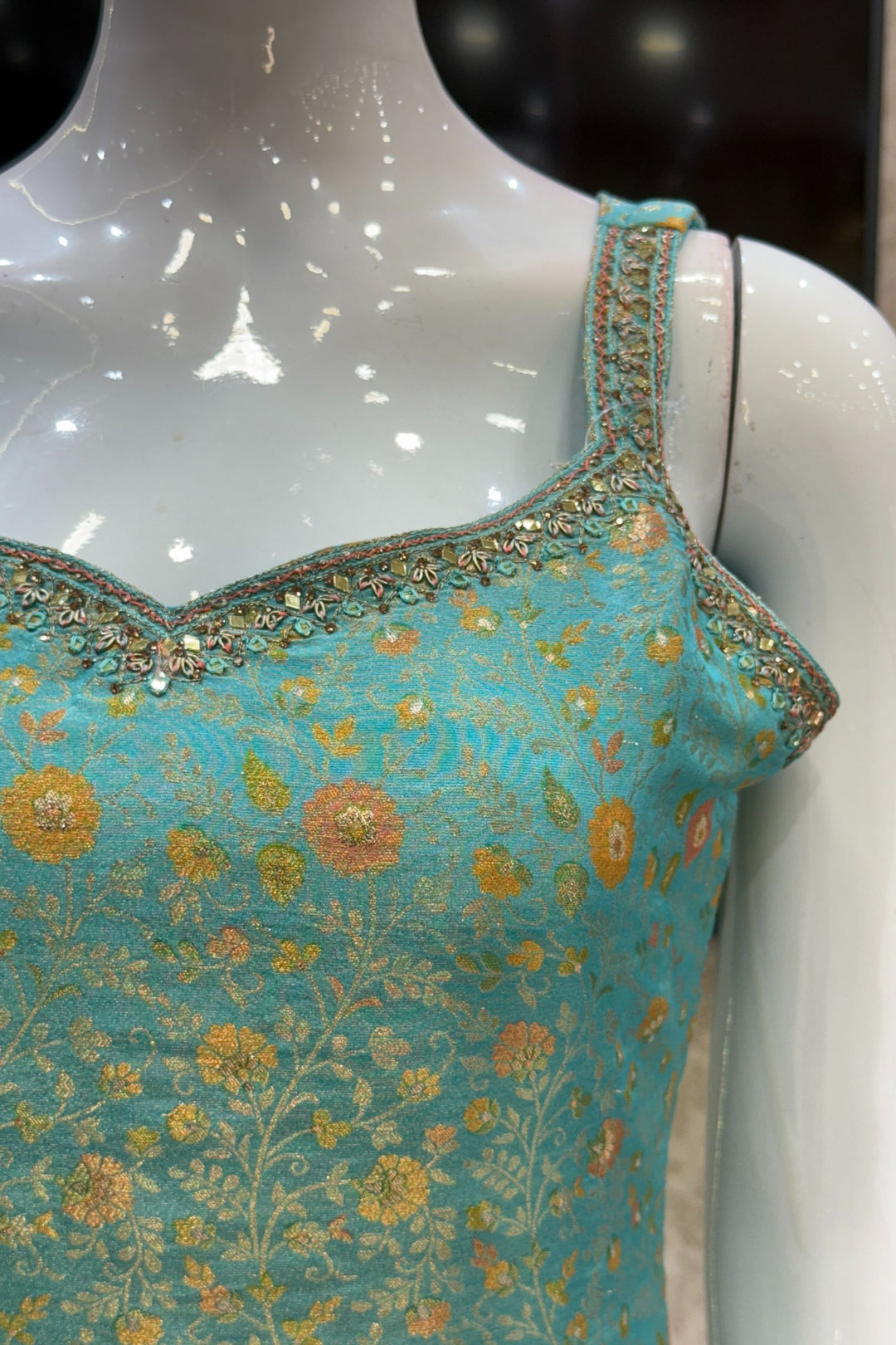 Sea Green Mirror, Zardozi, Stone, Beads and Brocade work Straight Cut Salwar Suit