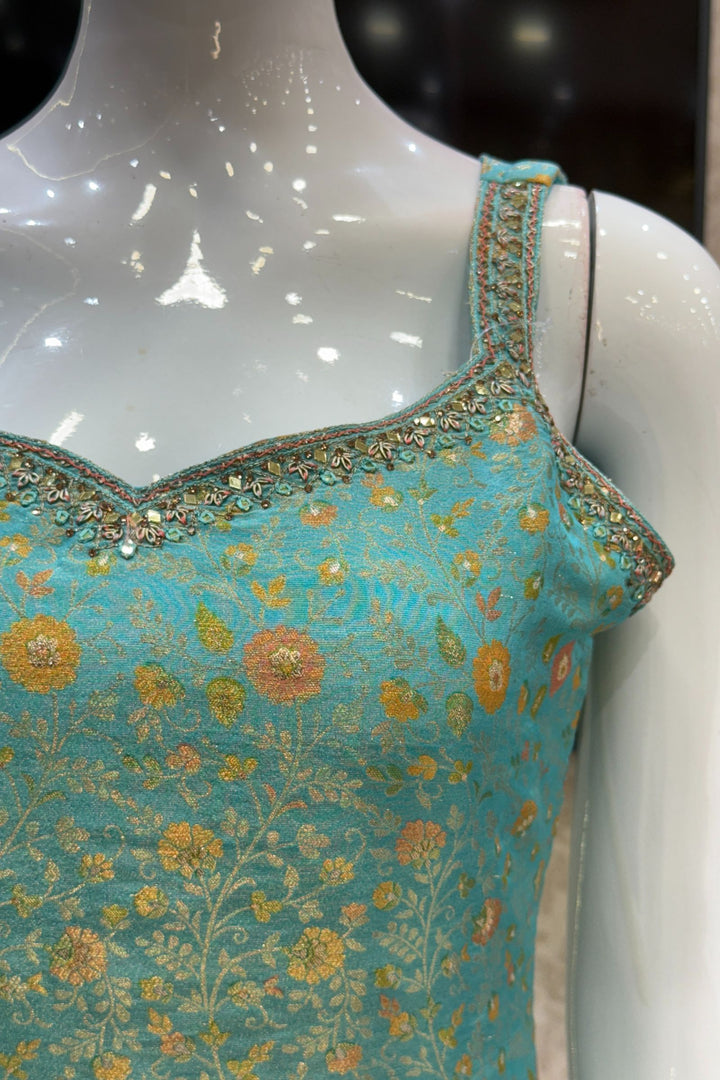 Sea Green Mirror, Zardozi, Stone, Beads and Brocade work Straight Cut Salwar Suit