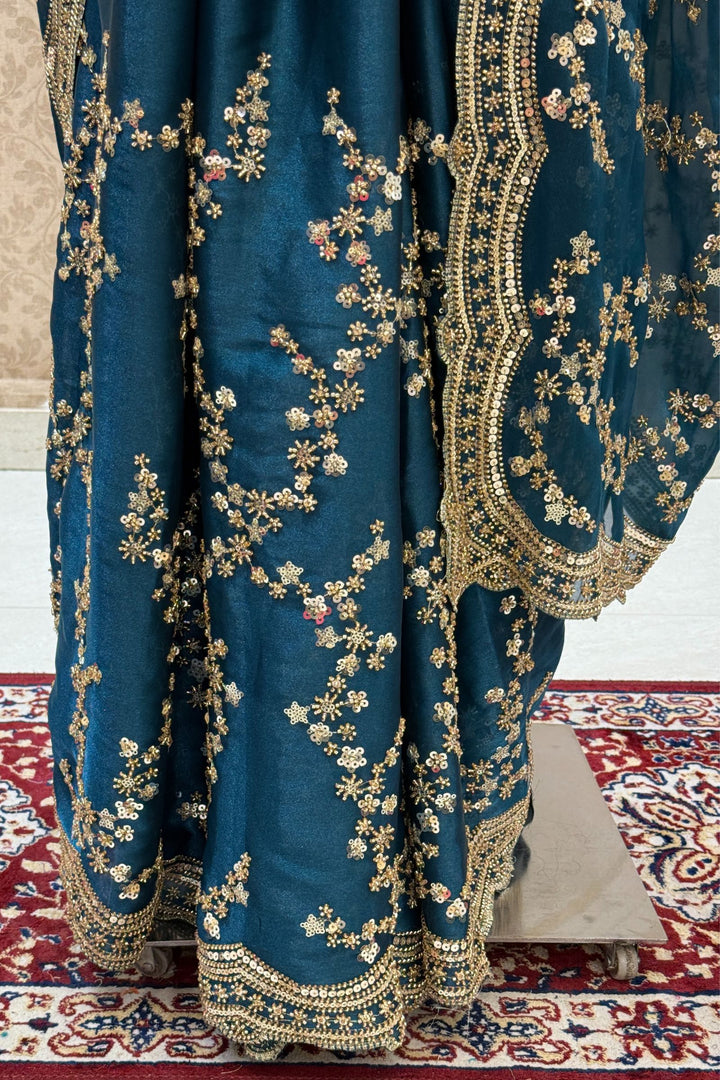 Teal Blue Beads, Zari and Sequins work Saree