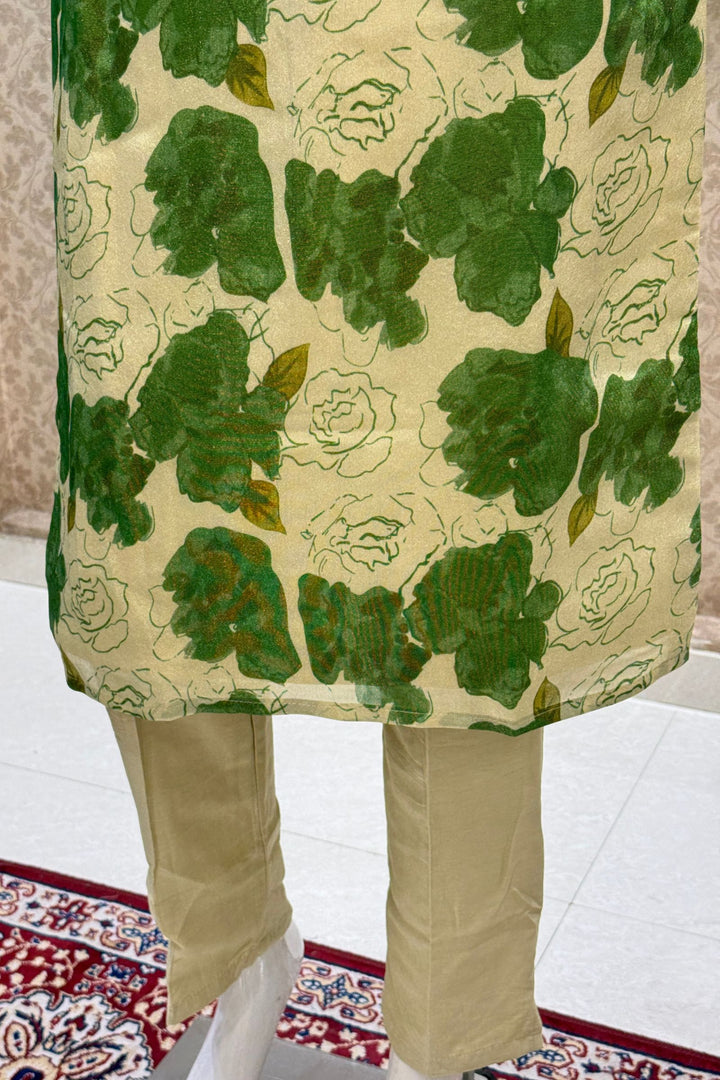 Beige with Green Floral Print with Zardozi and Mirror work Straight Cut Salwar Suit