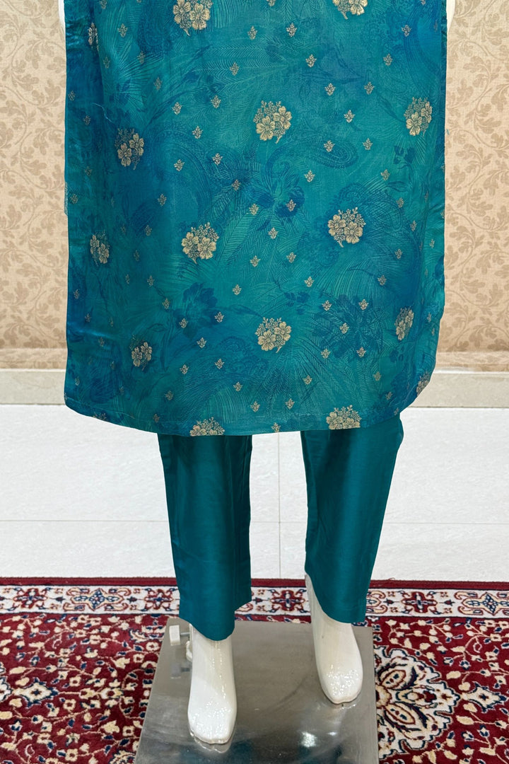 Rama Blue Mirror, Zardozi, Zari and Banaras work with Digital Print Straight Cut Salwar Suit