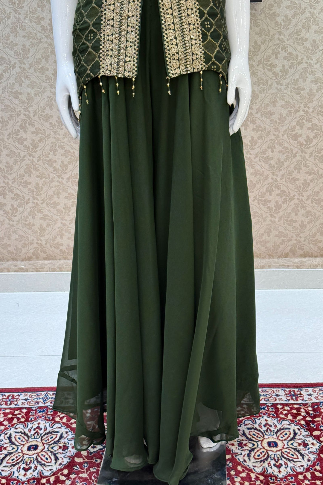 Bottle Green Banaras Zari, Sequins and Zari Thread work Palazzo Suit Set